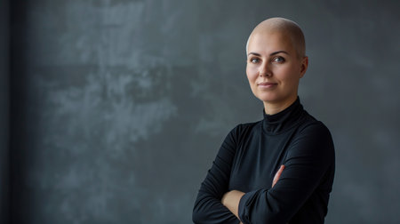 Portrait of a bald woman in a black t-shirt.の素材
