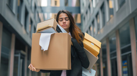 Young businesswoman carrying a heavy box on her back and looking downの素材