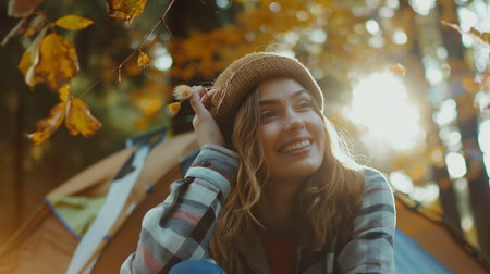 Beautiful young woman in a hat and plaid shirt sitting near a tent in the autumn forest.の素材