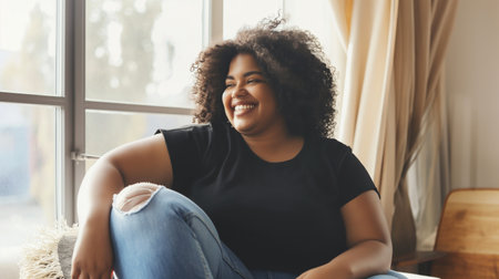 Happy african american woman sitting in living room at home and smilingの素材