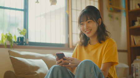 Smiling asian woman using smart phone in living room at homeの素材