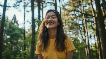young happy and beautiful Asian Korean woman in casual yellow t-shirt smiling cheerful having fun outdoors in nature enjoying holidays trip in beautiful forestの素材