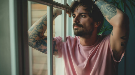 Portrait of handsome tattooed man looking out the window at homeの素材