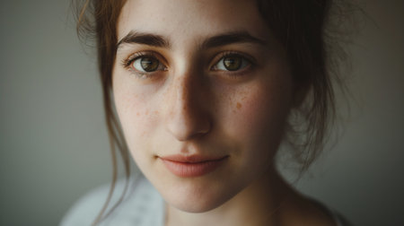 Portrait of a beautiful young woman with freckles on her faceの素材