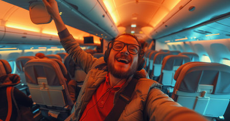 Young man taking a selfie on the plane. Traveling by airplane.の素材