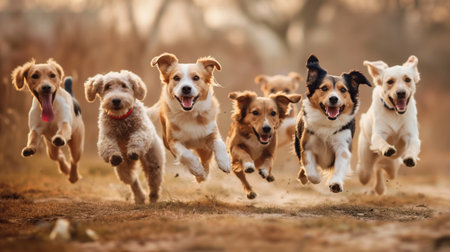 Group of happy dogs running in the forest. Concept of active and healthy life.の素材