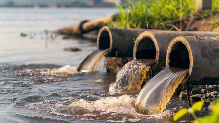 Plastic pipe on the river bank. Concept of environmental pollution.の素材
