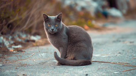 Portrait of a gray cat sitting on the ground in the streetの素材