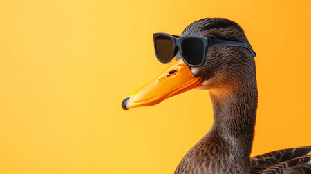 Duck wearing sunglasses on yellow background, closeup. Animal protection conceptの素材