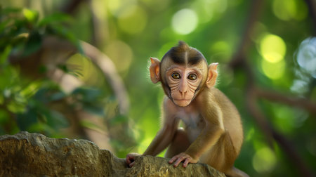 Little baby monkey sitting on the tree in the forest. Animals in nature.の素材
