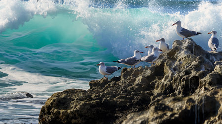 Seagulls on a rock in front of a wave.の素材