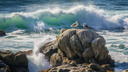 Seagulls sitting on a rock at the beach in San Diego, Californiaの素材