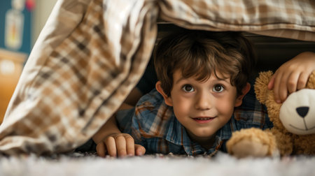 Little boy playing with teddy bear in his bed at home.の素材