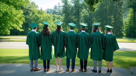 Rear view of a group of graduates standing together in the parkの素材