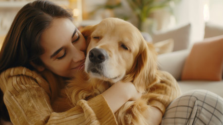 Beautiful young woman with golden retriever at home, closeupの素材