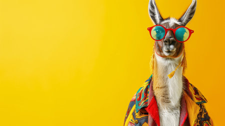 Funny llama with sunglasses on yellow background, space for textの素材
