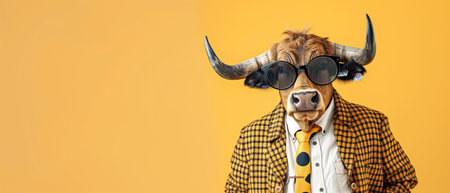 Funny portrait of a bull wearing sunglasses on a yellow background. Copy space.の素材