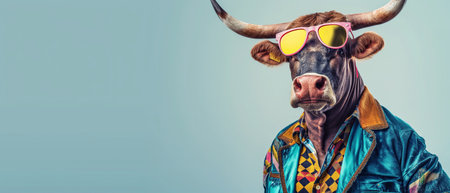 Portrait of a funny bull wearing sunglasses. Isolated on blue background.の素材
