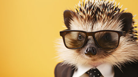 Hedgehog in glasses on a yellow background. Business concept.の素材