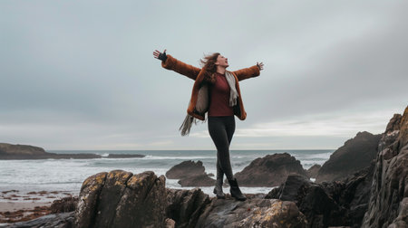 Young woman standing on a rock by the sea with her arms outstretchedの素材