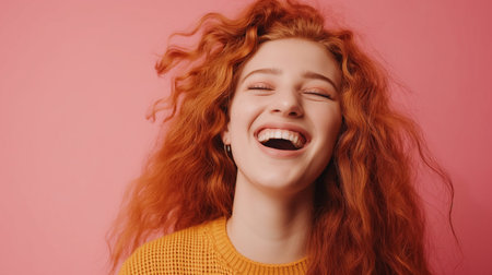 happy redhead girl laughing and looking at camera isolated on pink backgroundの素材