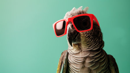 Portrait of a parrot with red sunglasses isolated on green backgroundの素材