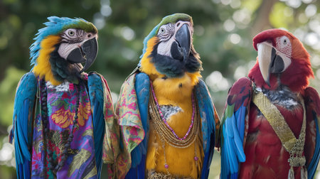 Colorful macaws in a park, closeup of photo.の素材