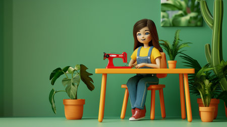 3d illustration of a cartoon character sewing on a sewing machine.の素材