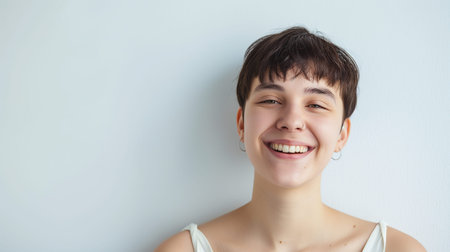 Portrait of a smiling young woman in a white T-shirtの素材