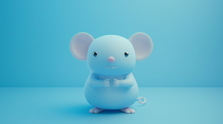 3d rendering of a cute cartoon mouse sitting on blue background.の素材