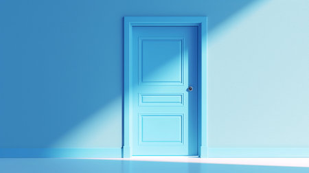 3d rendering of a blue door in an empty room with a shadow on the wallの素材