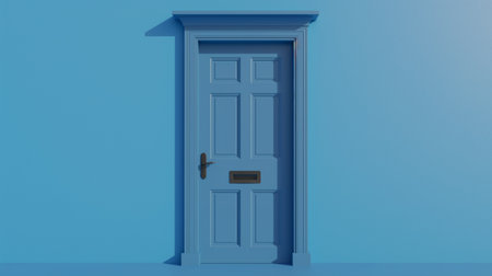 3D rendering of a blue door in a blue room with a keyholeの素材