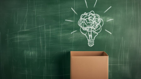 Idea light bulb in a box on the green chalkboard backgroundの素材