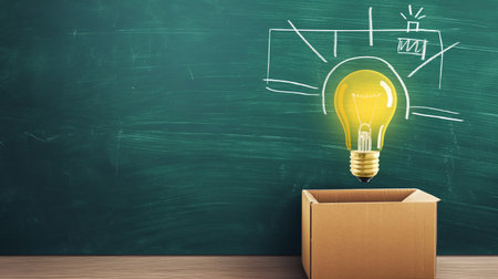 Idea lightbulb on box with chalkboard background. 3d renderingの素材