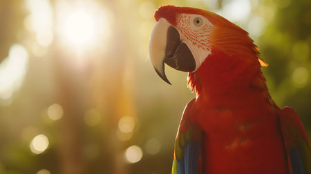 Macaw parrot in the park at sunset. Colorful macaw birdの素材