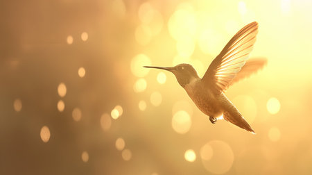 Hummingbird in flight with bokeh background and copy spaceの素材