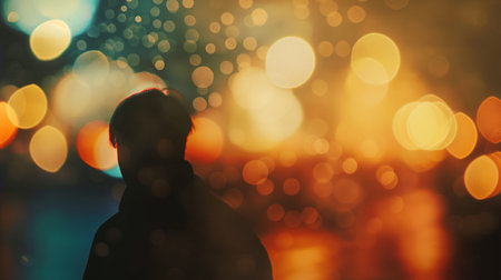 Silhouette of a man in the city at night with bokehの素材