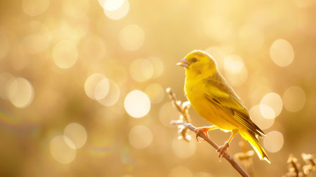 Yellow canary bird sitting on a branch with bokeh backgroundの素材