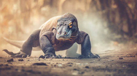 Komodo dragon in the forest. 3D illustration. Toned.の素材