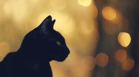 Black cat silhouette on golden bokeh background with copy space.の素材