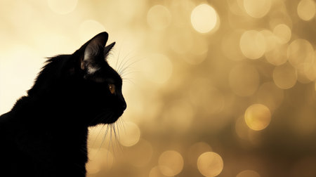 Black cat silhouette on golden bokeh background. Copy space.の素材