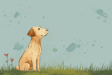 Hand drawn vector illustration of a cute dog sitting on the grass.の素材