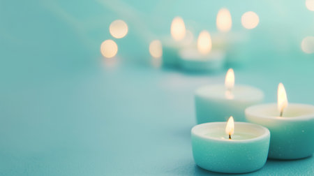 Close up of burning candles on blue background with bokeh effectの素材