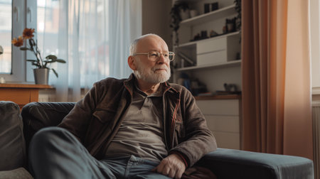 elderly man in eyeglasses sitting on sofa at homeの素材