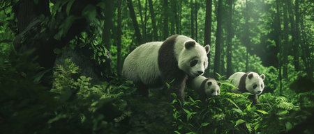 Two giant panda bear cubs in the green forest. 3d renderingの素材