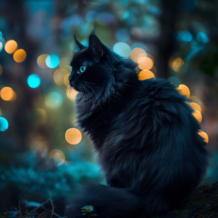 Black cat sitting in the forest with bokeh lights on backgroundの素材