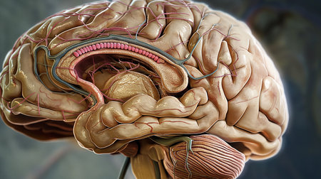 Human brain anatomy, 3D illustration. Human brain anatomy with nervous systemの素材