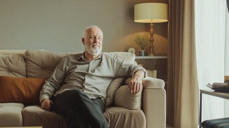 Portrait of a senior man sitting on sofa in living room at homeの素材
