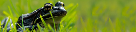 Frog sitting on the grass in the meadow. Panoramaの素材