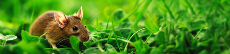 Cute brown mouse on green grass, panoramic web bannerの素材